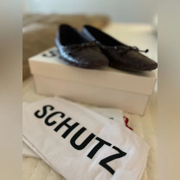 SCHUTZ Dark Chocolate Arissa Flats, Brown Woven Ballet Flats - Picture 4 of 7